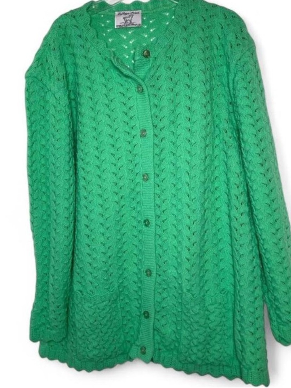 VTG 80s College Point Green Pointelle Cardigan Open Knit Sweater Grannycore 2X